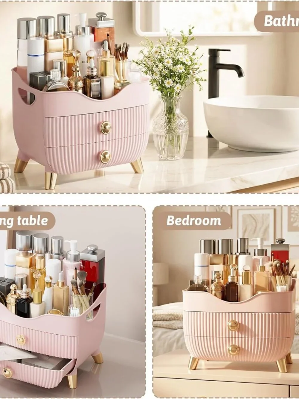 Pink Makeup Organizer with Drawers – Large Cosmetic & Skincare Storage Case